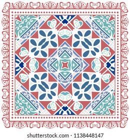 Decorative colorful ornament on white background, symmetric pattern with doodle lace frame. Tribal ethnic mandala decor. Bandana shawl, tablecloth fabric print, silk neck scarf, kerchief design