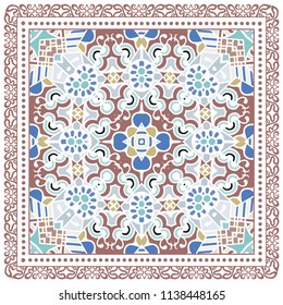 Decorative colorful ornament on white background, symmetric pattern with doodle lace frame. Tribal ethnic mandala decor. Bandana shawl, tablecloth fabric print, silk neck scarf, kerchief design