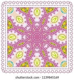 Decorative colorful ornament on white background, symmetric pattern with doodle lace frame. Tribal ethnic mandala decor. Bandana shawl, tablecloth fabric print, silk neck scarf, kerchief design