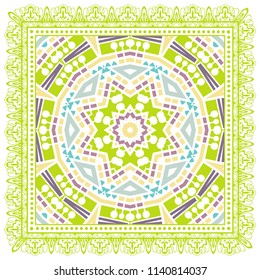 Decorative colorful ornament on white background, symmetric pattern with doodle lace frame. Tribal ethnic mandala decor. Bandana shawl, tablecloth fabric print, silk neck scarf, kerchief design