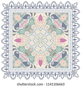 Decorative colorful ornament on white background, symmetric pattern with doodle lace frame. Tribal ethnic mandala decor. Bandana shawl, tablecloth fabric print, silk neck scarf, kerchief design