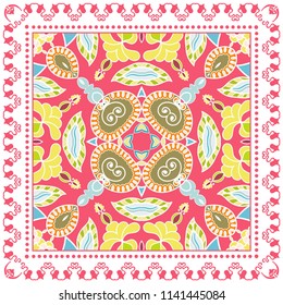 Decorative colorful ornament on white background, symmetric pattern with doodle lace frame. Tribal ethnic mandala decor. Bandana shawl, tablecloth fabric print, silk neck scarf, kerchief design