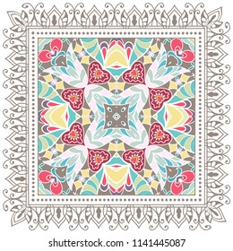 Decorative colorful ornament on white background, symmetric pattern with doodle lace frame. Tribal ethnic mandala decor. Bandana shawl, tablecloth fabric print, silk neck scarf, kerchief design