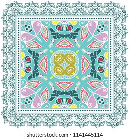 Decorative colorful ornament on white background, symmetric pattern with doodle lace frame. Tribal ethnic mandala decor. Bandana shawl, tablecloth fabric print, silk neck scarf, kerchief design