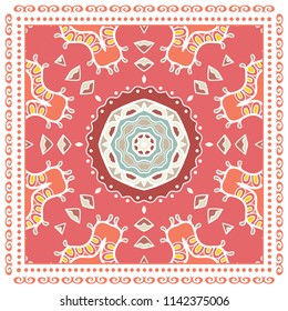 Decorative colorful ornament on white background, symmetric pattern with doodle lace frame. Tribal ethnic mandala decor. Bandana shawl, tablecloth fabric print, silk neck scarf, kerchief design