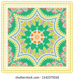 Decorative colorful ornament on white background, symmetric pattern with doodle lace frame. Tribal ethnic mandala decor. Bandana shawl, tablecloth fabric print, silk neck scarf, kerchief design