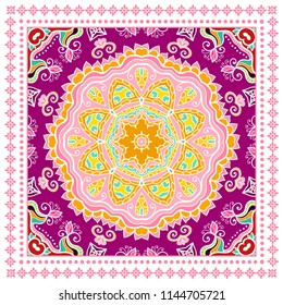Decorative colorful ornament on white background, symmetric pattern with doodle lace frame. Tribal ethnic mandala decor. Bandana shawl, tablecloth fabric print, silk neck scarf, kerchief design