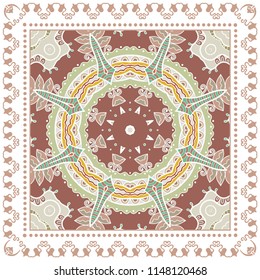 Decorative colorful ornament on white background, symmetric pattern with doodle lace frame. Tribal ethnic mandala decor. Bandana shawl, tablecloth fabric print, silk neck scarf, kerchief design