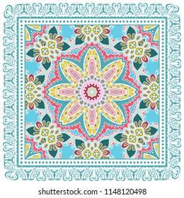 Decorative colorful ornament on white background, symmetric pattern with doodle lace frame. Tribal ethnic mandala decor. Bandana shawl, tablecloth fabric print, silk neck scarf, kerchief design