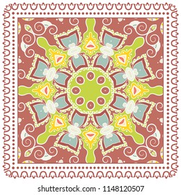 Decorative colorful ornament on white background, symmetric pattern with doodle lace frame. Tribal ethnic mandala decor. Bandana shawl, tablecloth fabric print, silk neck scarf, kerchief design