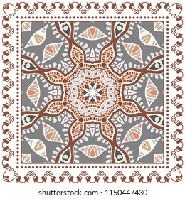 Decorative colorful ornament on white background, symmetric pattern with doodle lace frame. Tribal ethnic mandala decor. Bandana shawl, tablecloth fabric print, silk neck scarf, kerchief design