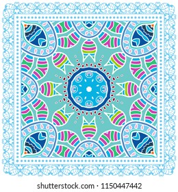 Decorative colorful ornament on white background, symmetric pattern with doodle lace frame. Tribal ethnic mandala decor. Bandana shawl, tablecloth fabric print, silk neck scarf, kerchief design