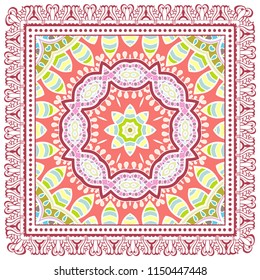 Decorative colorful ornament on white background, symmetric pattern with doodle lace frame. Tribal ethnic mandala decor. Bandana shawl, tablecloth fabric print, silk neck scarf, kerchief design