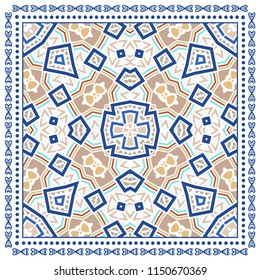 Decorative colorful ornament on white background, symmetric pattern with doodle lace frame. Tribal ethnic mandala decor. Bandana shawl, tablecloth fabric print, silk neck scarf, kerchief design