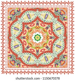 Decorative colorful ornament on white background, symmetric pattern with doodle lace frame. Tribal ethnic mandala decor. Bandana shawl, tablecloth fabric print, silk neck scarf, kerchief design