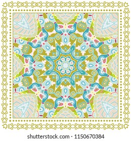 Decorative colorful ornament on white background, symmetric pattern with doodle lace frame. Tribal ethnic mandala decor. Bandana shawl, tablecloth fabric print, silk neck scarf, kerchief design