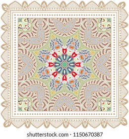 Decorative colorful ornament on white background, symmetric pattern with doodle lace frame. Tribal ethnic mandala decor. Bandana shawl, tablecloth fabric print, silk neck scarf, kerchief design