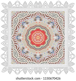 Decorative colorful ornament on white background, symmetric pattern with doodle lace frame. Tribal ethnic mandala decor. Bandana shawl, tablecloth fabric print, silk neck scarf, kerchief design