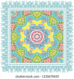 Decorative colorful ornament on white background, symmetric pattern with doodle lace frame. Tribal ethnic mandala decor. Bandana shawl, tablecloth fabric print, silk neck scarf, kerchief design