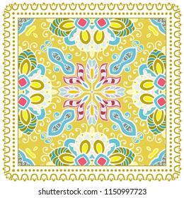 Decorative colorful ornament on white background, symmetric pattern with doodle lace frame. Tribal ethnic mandala decor. Bandana shawl, tablecloth fabric print, silk neck scarf, kerchief design