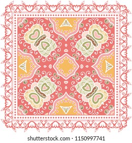 Decorative colorful ornament on white background, symmetric pattern with doodle lace frame. Tribal ethnic mandala decor. Bandana shawl, tablecloth fabric print, silk neck scarf, kerchief design