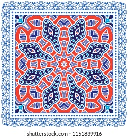 Decorative colorful ornament on white background, symmetric pattern with doodle lace frame. Tribal ethnic mandala decor. Bandana shawl, tablecloth fabric print, silk neck scarf, kerchief design