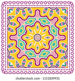 Decorative colorful ornament on white background, symmetric pattern with doodle lace frame. Tribal ethnic mandala decor. Bandana shawl, tablecloth fabric print, silk neck scarf, kerchief design