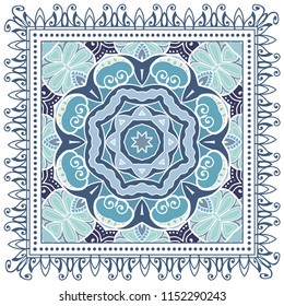 Decorative colorful ornament on white background, symmetric pattern with doodle lace frame. Tribal ethnic mandala decor. Bandana shawl, tablecloth fabric print, silk neck scarf, kerchief design