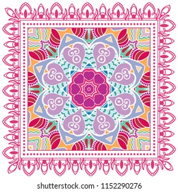 Decorative colorful ornament on white background, symmetric pattern with doodle lace frame. Tribal ethnic mandala decor. Bandana shawl, tablecloth fabric print, silk neck scarf, kerchief design