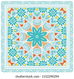 Decorative colorful ornament on white background, symmetric pattern with doodle lace frame. Tribal ethnic mandala decor. Bandana shawl, tablecloth fabric print, silk neck scarf, kerchief design