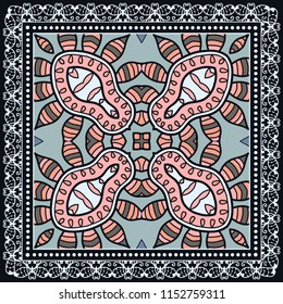 Decorative colorful ornament on white background, symmetric pattern with doodle lace frame. Tribal ethnic mandala decor. Bandana shawl, tablecloth fabric print, silk neck scarf, kerchief design