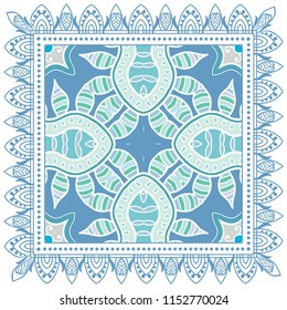 Decorative colorful ornament on white background, symmetric pattern with doodle lace frame. Tribal ethnic mandala decor. Bandana shawl, tablecloth fabric print, silk neck scarf, kerchief design