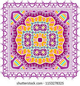 Decorative colorful ornament on white background, symmetric pattern with doodle lace frame. Tribal ethnic mandala decor. Bandana shawl, tablecloth fabric print, silk neck scarf, kerchief design