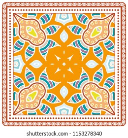 Decorative colorful ornament on white background, symmetric pattern with doodle lace frame. Tribal ethnic mandala decor. Bandana shawl, tablecloth fabric print, silk neck scarf, kerchief design