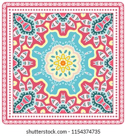 Decorative colorful ornament on a white background, symmetric pattern with doodle lace frame. Tribal ethnic mandala decor. Bandanna shawl, tablecloth fabric print, silk neck scarf, kerchief design
