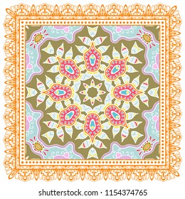 Decorative colorful ornament on a white background, symmetric pattern with doodle lace frame. Tribal ethnic mandala decor. Bandanna shawl, tablecloth fabric print, silk neck scarf, kerchief design
