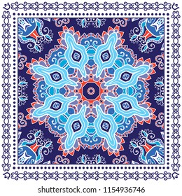 Decorative colorful ornament on white background, symmetric pattern with doodle lace frame. Tribal ethnic mandala decor. Bandana shawl, tablecloth fabric print, silk neck scarf, kerchief design