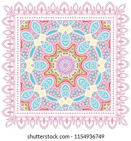 Decorative colorful ornament on white background, symmetric pattern with doodle lace frame. Tribal ethnic mandala decor. Bandana shawl, tablecloth fabric print, silk neck scarf, kerchief design