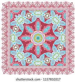 Decorative colorful ornament on white background, symmetric pattern with doodle lace frame. Tribal ethnic mandala decor. Bandana shawl, tablecloth fabric print, silk neck scarf, kerchief design