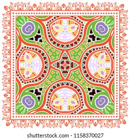 Decorative colorful ornament on white background, symmetric pattern with doodle lace frame. Tribal ethnic mandala decor. Bandana shawl, tablecloth fabric print, silk neck scarf, kerchief design