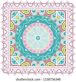 Decorative colorful ornament on white background, symmetric pattern with doodle lace frame. Tribal ethnic mandala decor. Bandana shawl, tablecloth fabric print, silk neck scarf, kerchief design
