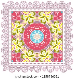 Decorative colorful ornament on white background, symmetric pattern with doodle lace frame. Tribal ethnic mandala decor. Bandana shawl, tablecloth fabric print, silk neck scarf, kerchief design