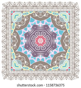 Decorative colorful ornament on white background, symmetric pattern with doodle lace frame. Tribal ethnic mandala decor. Bandana shawl, tablecloth fabric print, silk neck scarf, kerchief design