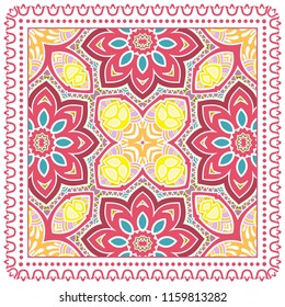 Decorative colorful ornament on white background, symmetric pattern with doodle lace frame. Tribal ethnic mandala decor. Bandana shawl, tablecloth fabric print, silk neck scarf, kerchief design