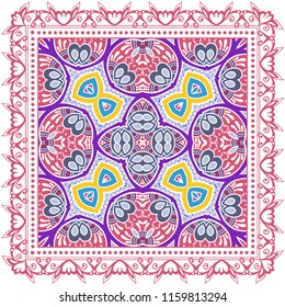 Decorative colorful ornament on white background, symmetric pattern with doodle lace frame. Tribal ethnic mandala decor. Bandana shawl, tablecloth fabric print, silk neck scarf, kerchief design