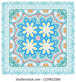 Decorative colorful ornament on white background, symmetric pattern with doodle lace frame. Tribal ethnic mandala decor. Bandana shawl, tablecloth fabric print, silk neck scarf, kerchief design