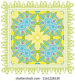 Decorative colorful ornament on white background, symmetric pattern with doodle lace frame. Tribal ethnic mandala decor. Bandana shawl, tablecloth fabric print, silk neck scarf, kerchief design