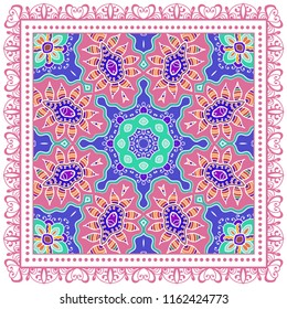 Decorative colorful ornament on white background, symmetric pattern with doodle lace frame. Tribal ethnic mandala decor. Bandana shawl, tablecloth fabric print, silk neck scarf, kerchief design