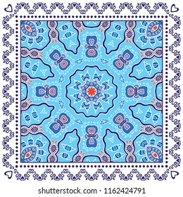 Decorative colorful ornament on white background, symmetric pattern with doodle lace frame. Tribal ethnic mandala decor. Bandana shawl, tablecloth fabric print, silk neck scarf, kerchief design