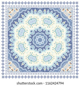 Decorative colorful ornament on white background, symmetric pattern with doodle lace frame. Tribal ethnic mandala decor. Bandana shawl, tablecloth fabric print, silk neck scarf, kerchief design